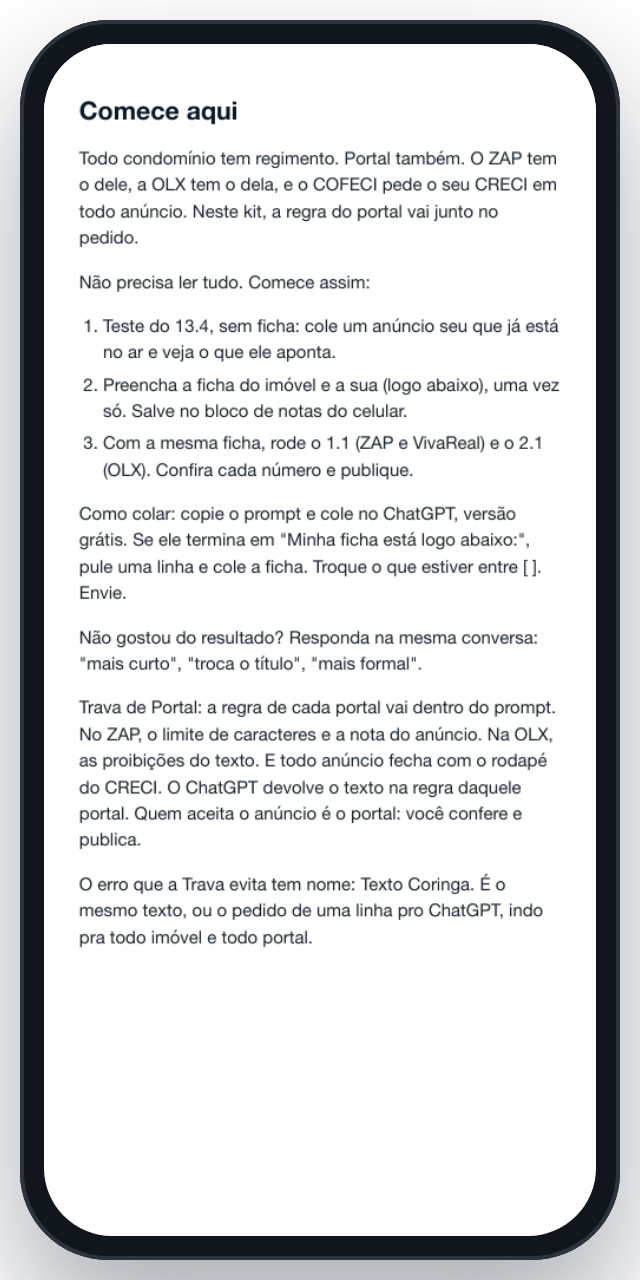 Página Comece aqui do PDF, com os três passos do primeiro uso