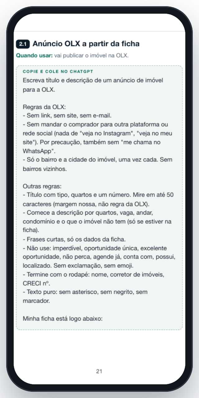 Página do PDF com o prompt de anúncio para a OLX e as regras da OLX escritas dentro dele