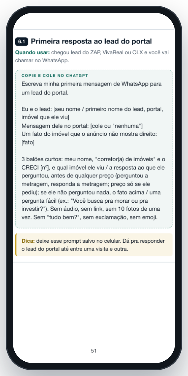 Página do PDF com o prompt da primeira resposta ao lead do portal no WhatsApp