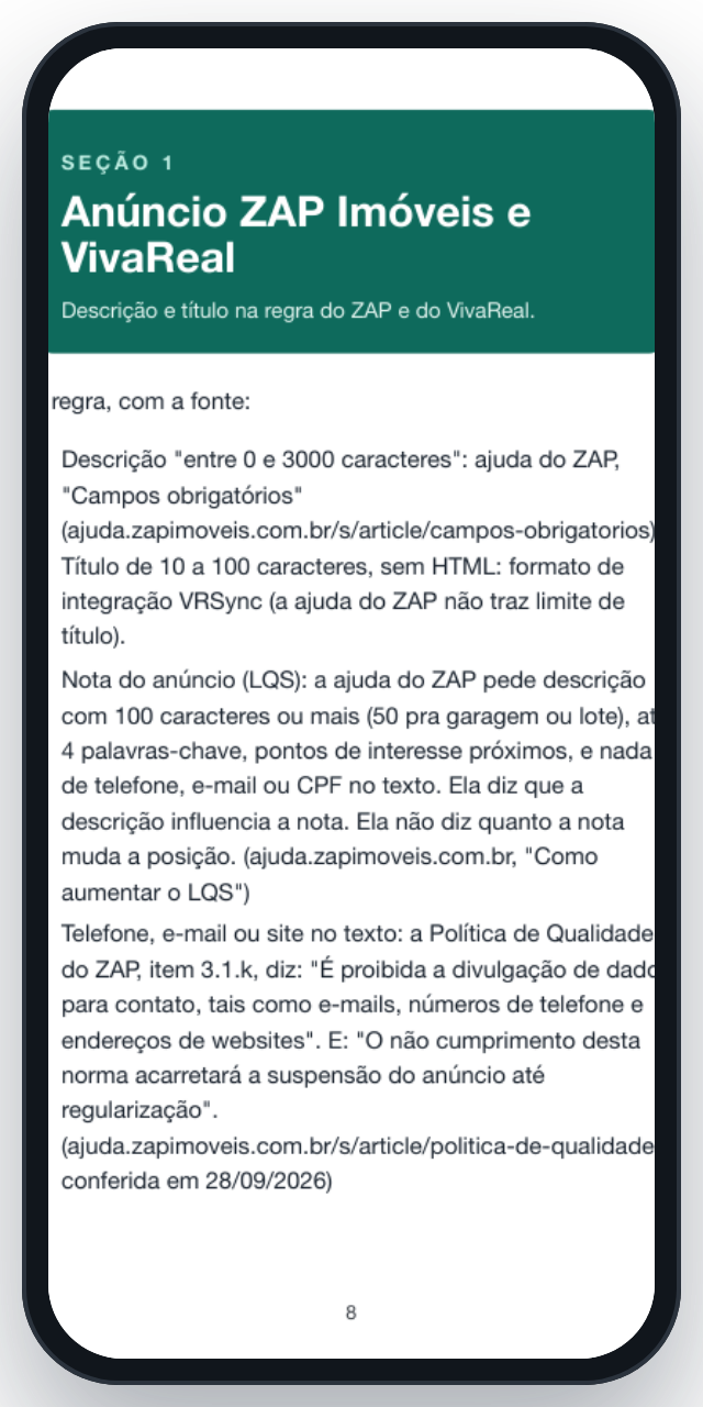 Página do PDF que abre a seção do ZAP e do VivaReal com as regras e as fontes