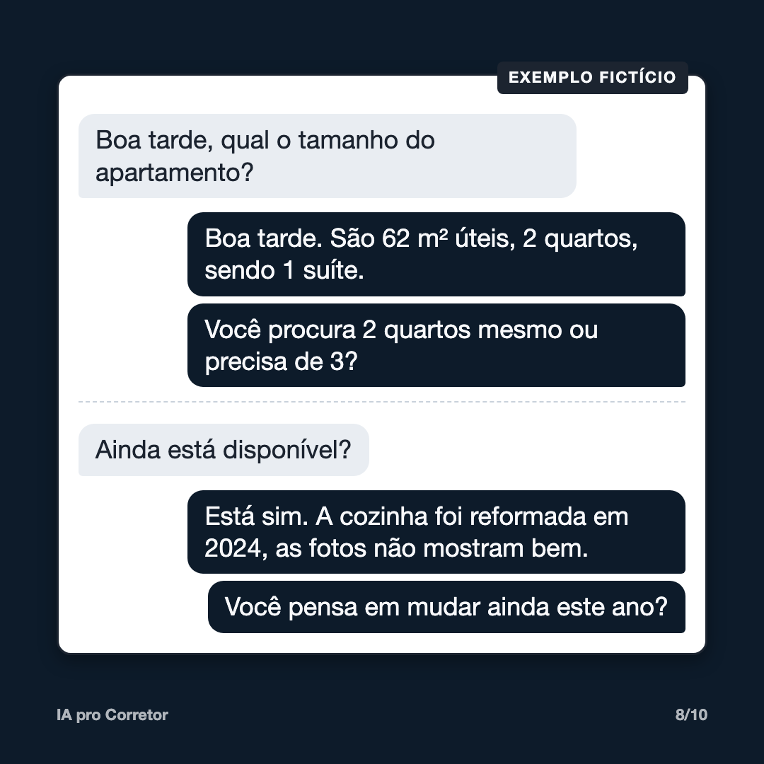 Exemplo fictício de conversa no WhatsApp: o corretor responde a metragem e faz uma pergunta antes de marcar a visita
