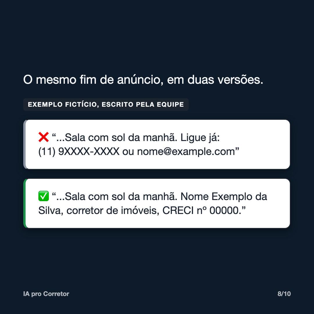 Exemplo fictício: o fim de um anúncio com telefone e e-mail, e o mesmo trecho terminando com nome, corretor de imóveis e CRECI