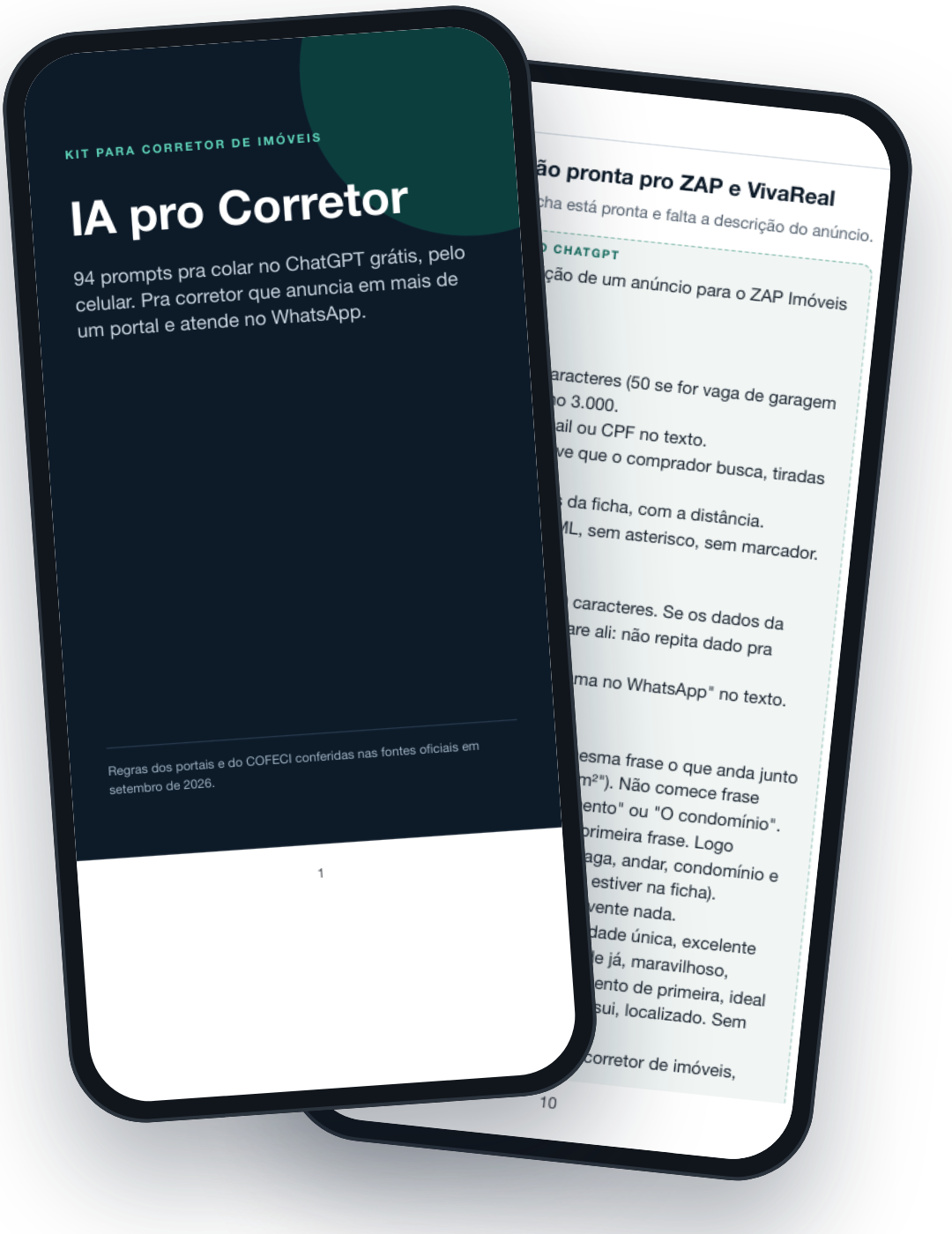 Dois celulares com páginas do PDF IA pro Corretor: a capa e o prompt de descrição para o ZAP e o VivaReal
